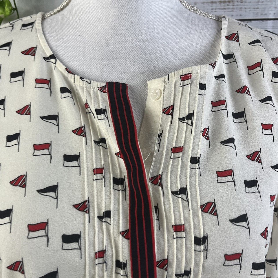 Talbots Blouse size 14 Ivory Black Red Flags Sailor Nautical Ocean USA