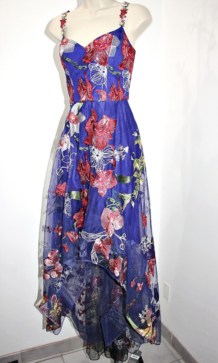Marchesa Notte Floral Embroidered High-Low Hem Gown in Cobalt Blue sz 0  $895