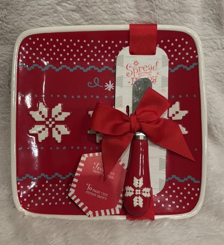 Hallmark Christmas Northpole Snowflake Party Plate & Spreader Set Red&White New
