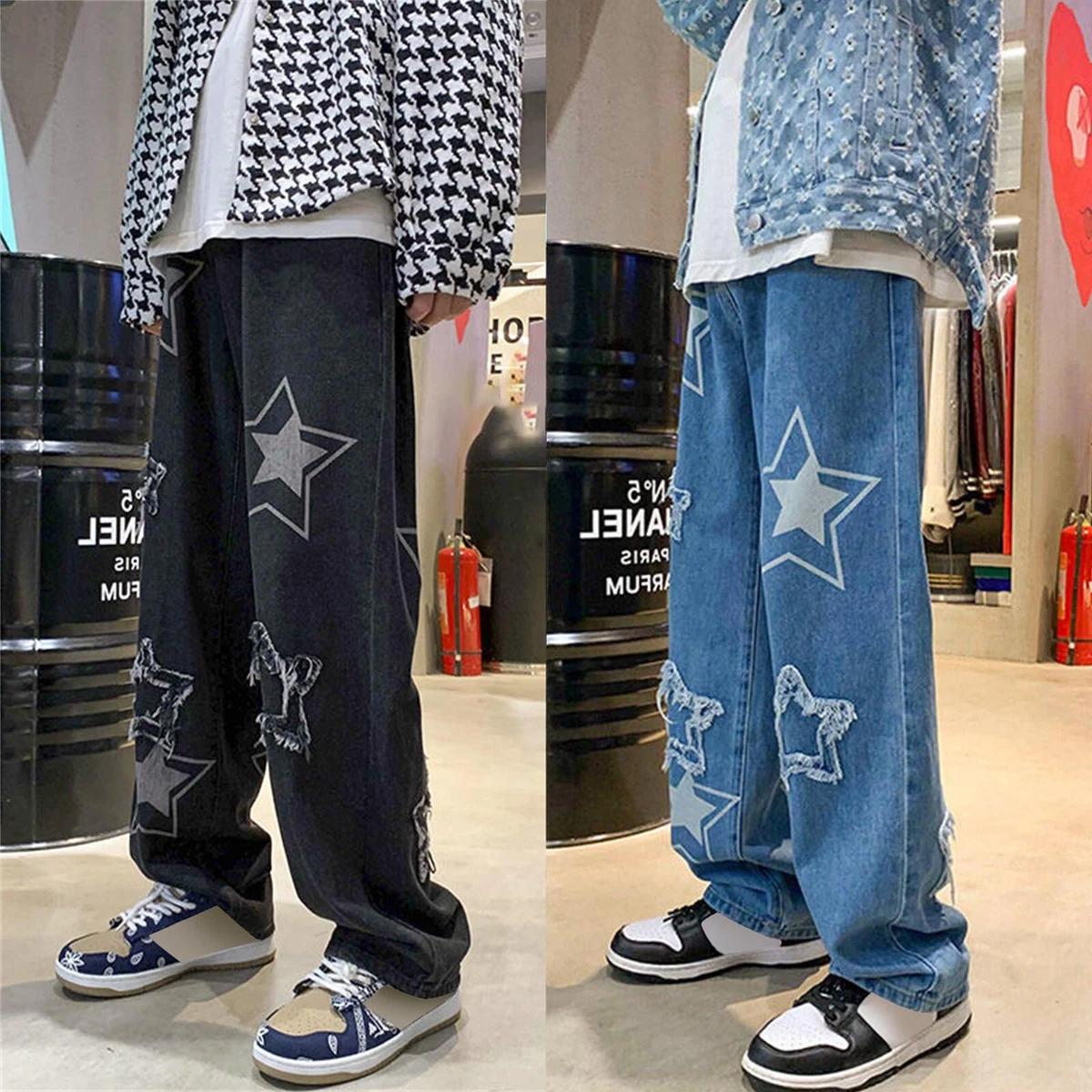 Mens Baggy Jeans Denim Pants Casual Stretch Slim Fit Floral Hip Hop Trousers  | eBay