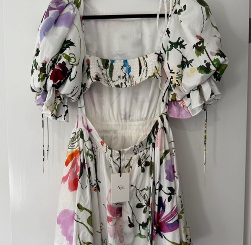 AJE Drift Dress Size AUS 10 / US 6 Botanic Floral Puff Sleeve Mini White BNWT - Picture 7 of 8