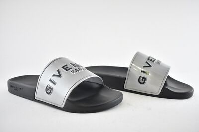 Givenchy Logo Pool Slide Silver Black Silvery Rubber Sandal Flat