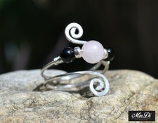 Handmade sterling silver adjustable wire ring with Rose Quartz Onyx.