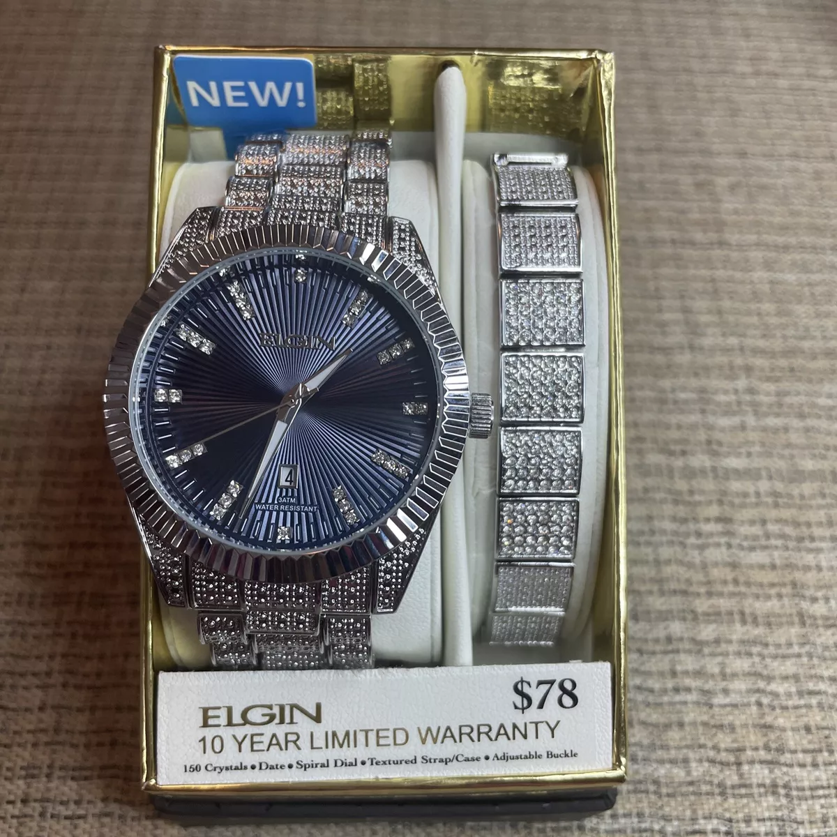 Elgin Men s Watch Bracelet Set Silver Tone with 150 Crystals FG180012ST NEW