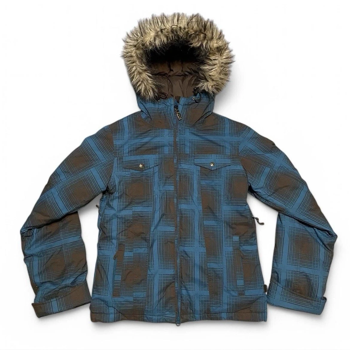 Y2k Roxy Snow Jacket Blue Brown Faux Fur Hood Downs & Feather Women's Small