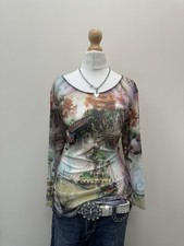 Vintage Elena Wang Y2K Graphic Mesh Top Size Medium Embellished Long Sleeve 00s