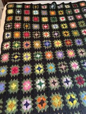 Vintage Handmade Crochet Black Granny Square Afghan Blanket Throw Roseanne 49x74