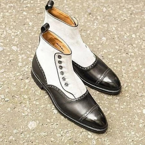 Mens New Handcrafted Black Leather White Toe Suede Stylish Boots
