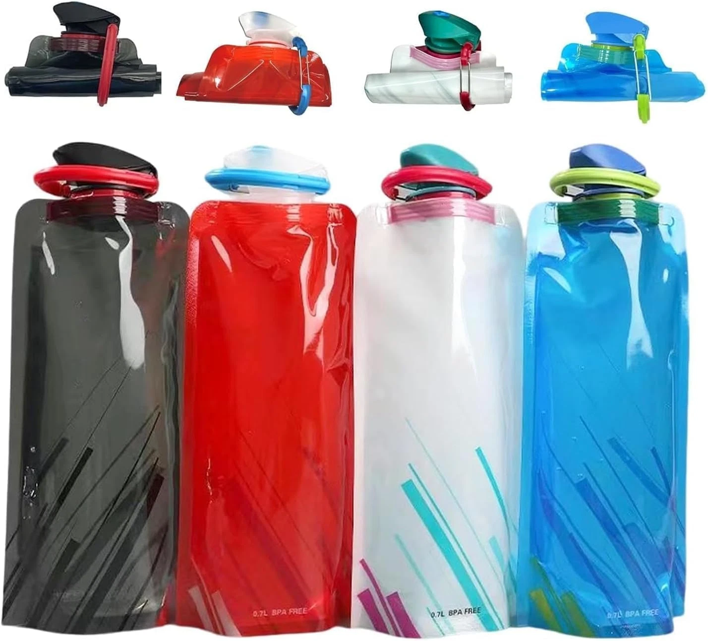 4 Pack Collapsible Water Bottles for Travel – 24oz Foldable Water Bottle with Le