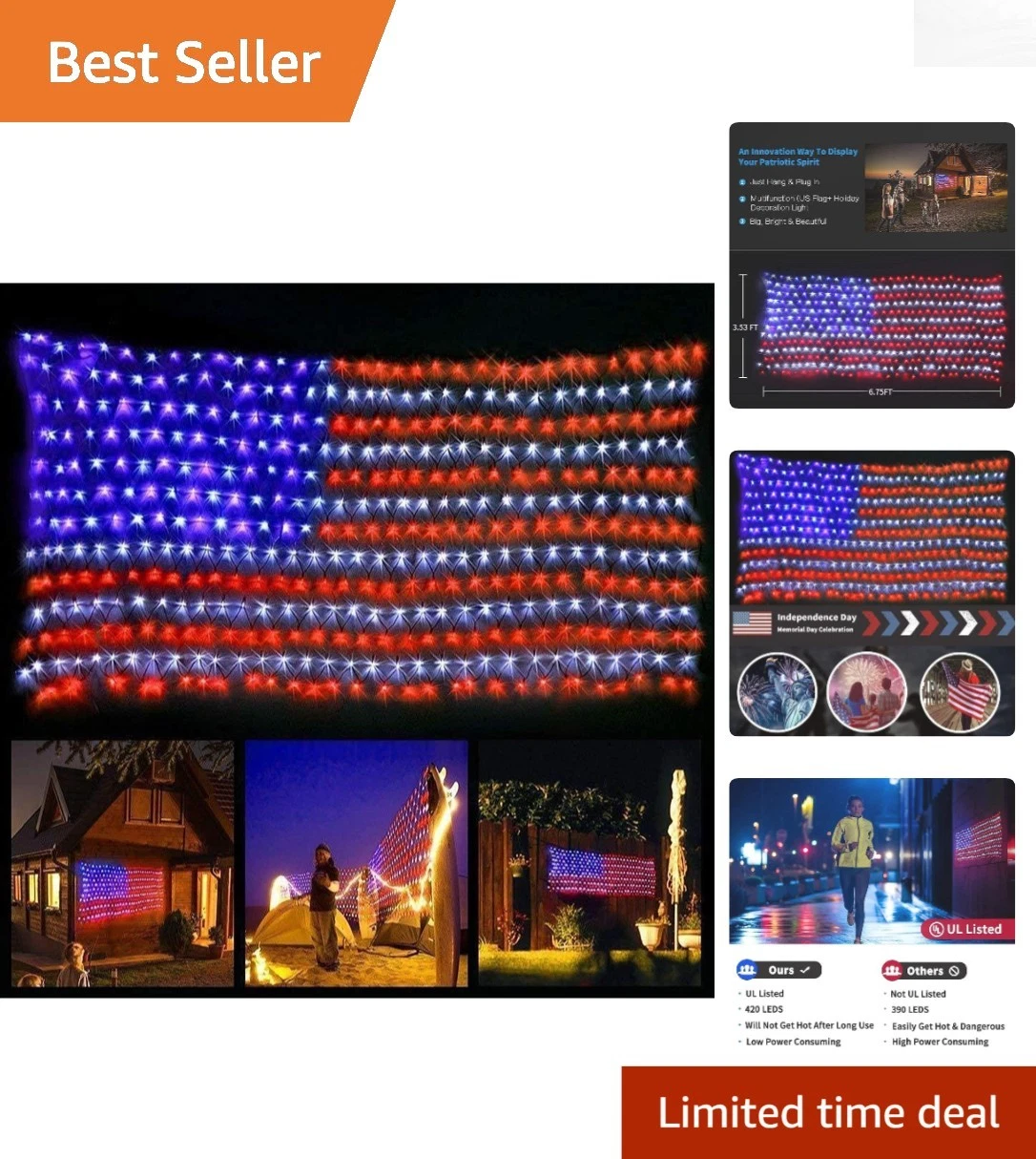420 Super Bright LED American Flag Lights - Waterproof 6.54ft x 3.28ft Decor
