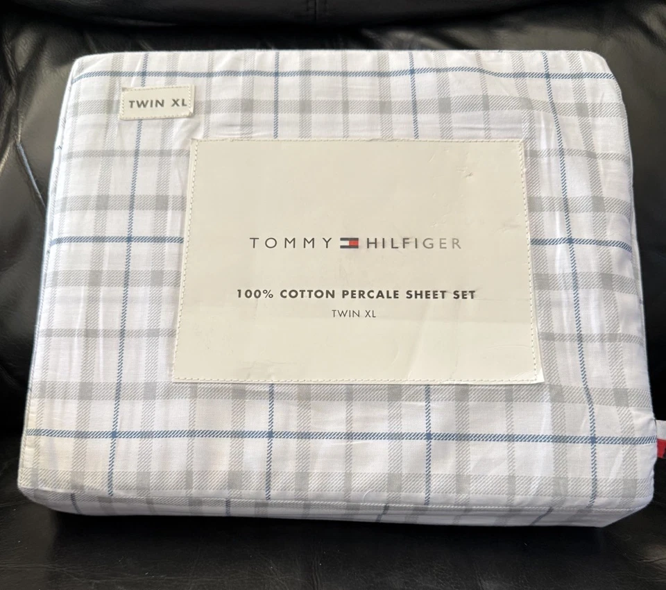 Juego de sábanas Tommy Hilfiger Newton a cuadros azul blanco gris 100 % algodón Twin XL 3 piezas Foto 3 de 4