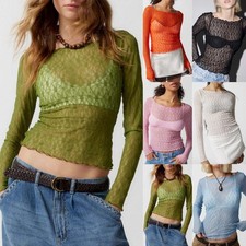 Women's Lace Long Sleeve Top Sheer Mesh Cropped Top Floral Slim Off Shoulder