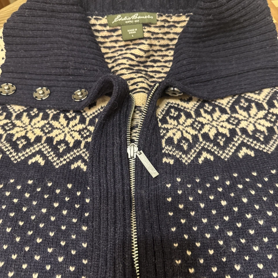 Cardigã Eddie Bauer suéter ilha justa nórdico olho de pássaro xale colarinho tamanho grande - Imagem 3 de 4