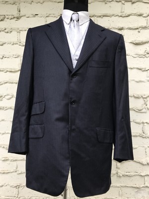 $9450 KITON NAPOLI Sz 54 Dark Blue Stripe 100% Wool 3 Btn Two