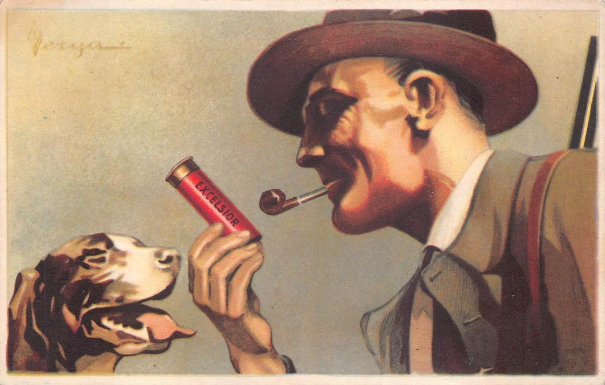 EXCELSIOR SHOTGUN SHELLS HUNTING DOG TOBACCO ITALY ADVERTISING POSTCARD  (c.1910)