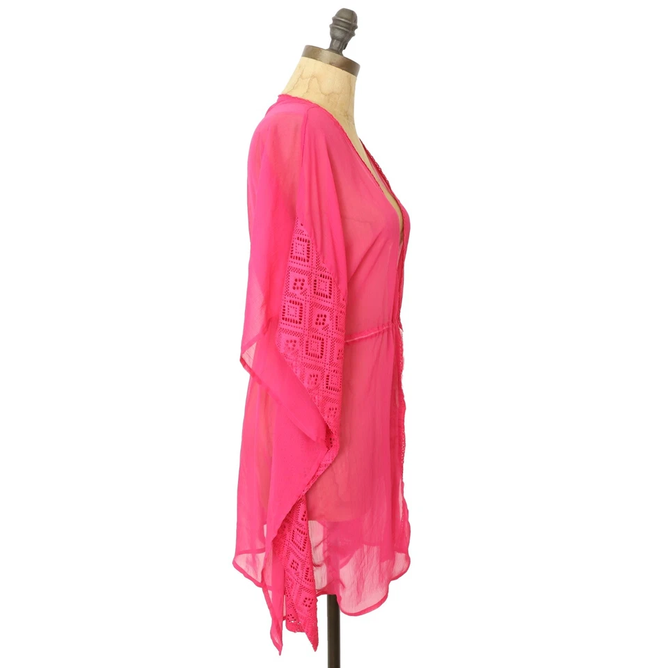 MIKEN Kimono Swim Cover-Up M Tassel Belt Sheer Chiffon Hot Magenta Pink EUC B80 - Image 2 of 4