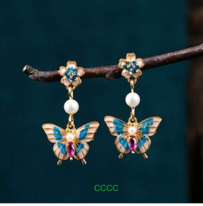 Authentic Pearl Gemstone Drop Dangle Earrings Butterfly Flower Bohemian 18K Gold Plated