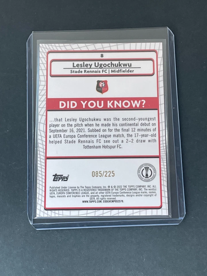 2022 Topps Merlin UEFA CL LESLEY UGOCHUCKWU YELLOW WAVE Refractor RC #8 /225 - Image 2 of 2