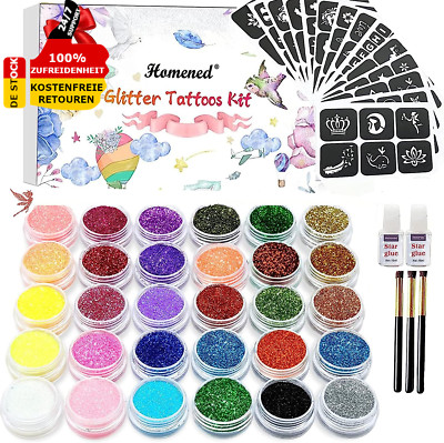 Glitzer Tattoo Set 30 Farben Tattoos Geschenk für Kinder Make up 153 Schablonen