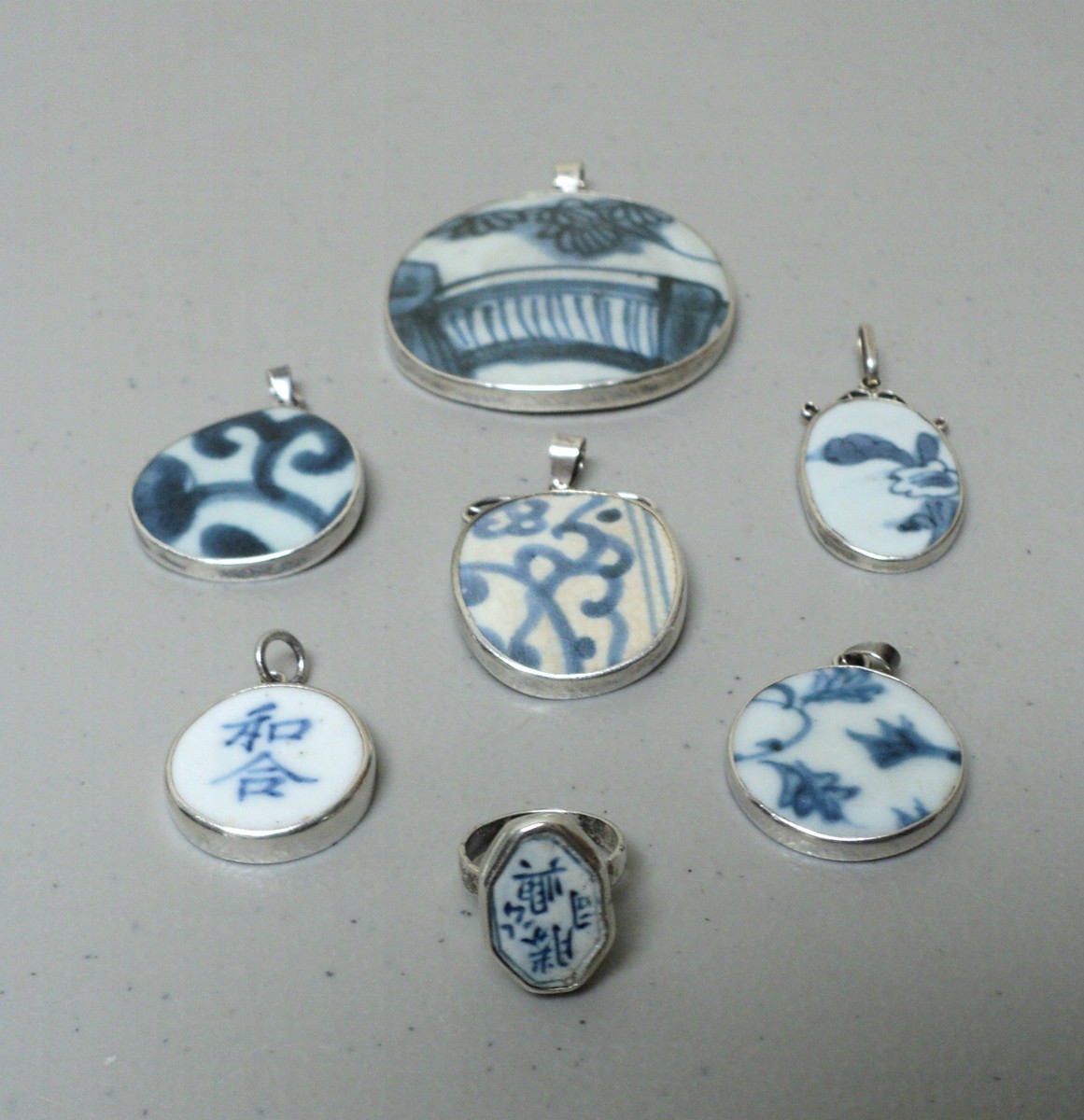 7 PIECE ANTIQUE CHINESE MING DYNASTY POTTERY SHARD & STERLING SILVER JEWELRY