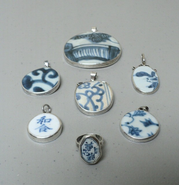 7 PIECE ANTIQUE CHINESE MING DYNASTY POTTERY SHARD & STERLING SILVER