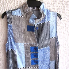 Blue Patchwork Adjust Collar Shirt Tunic Top S Cotton Blend Terra SJ Apparel