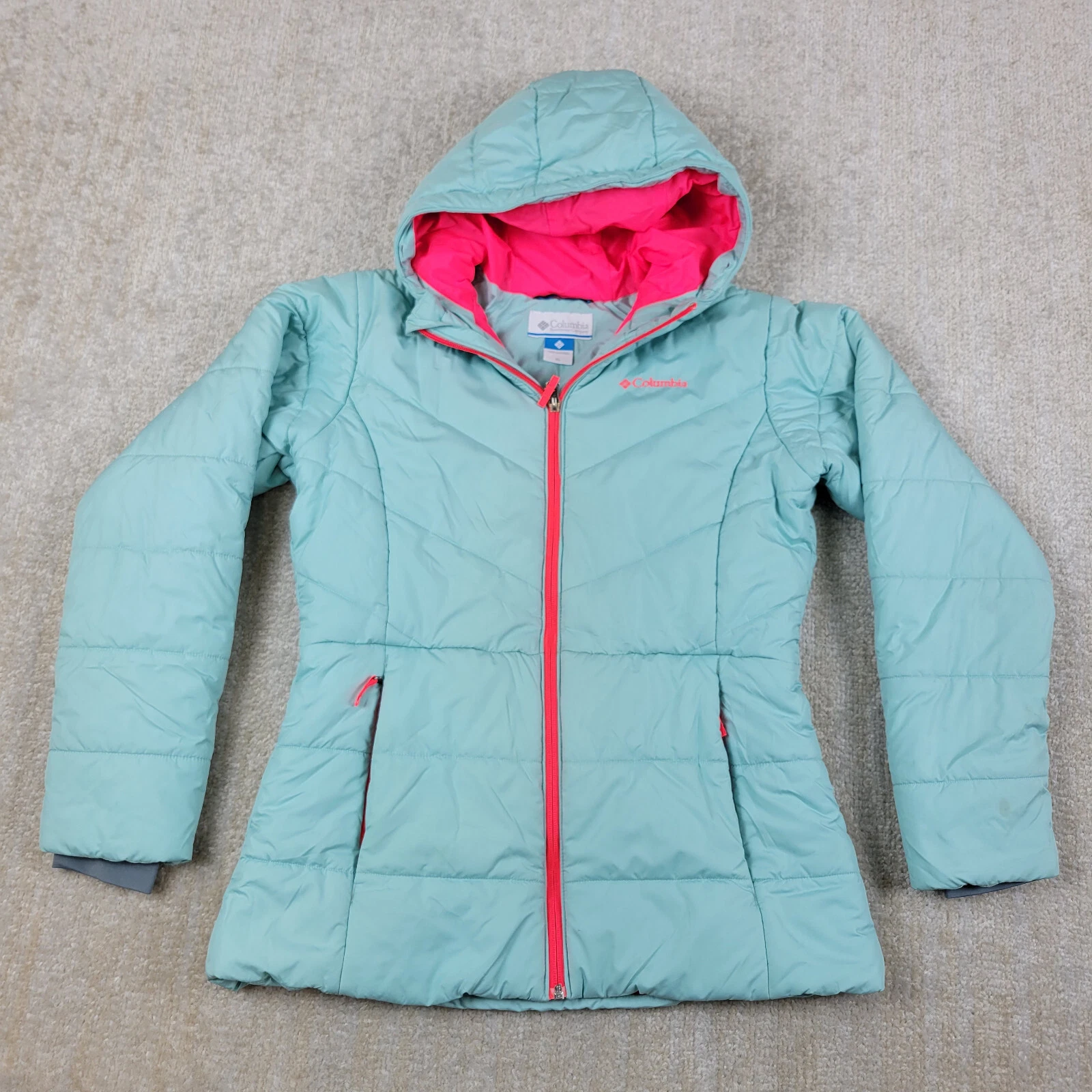 Columbia Puffer Jacket Kids Girls XL Blue Pink Full Zip Hooded Quilted Packable