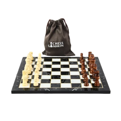 CHESSGAMMON Handgefertigtes Schachspiel im schwarzen Marmor-Design 14 Zoll