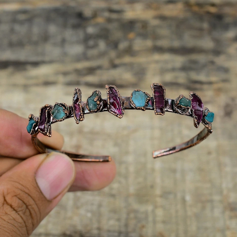 Brazalete ajustable electroformado áspero aguamarina hecho a mano cobre ropa de fiesta Foto 3 de 4