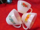3 Vintage Anchor Hocking Fire King Milk Glass Flower Floral Design Tea Cups