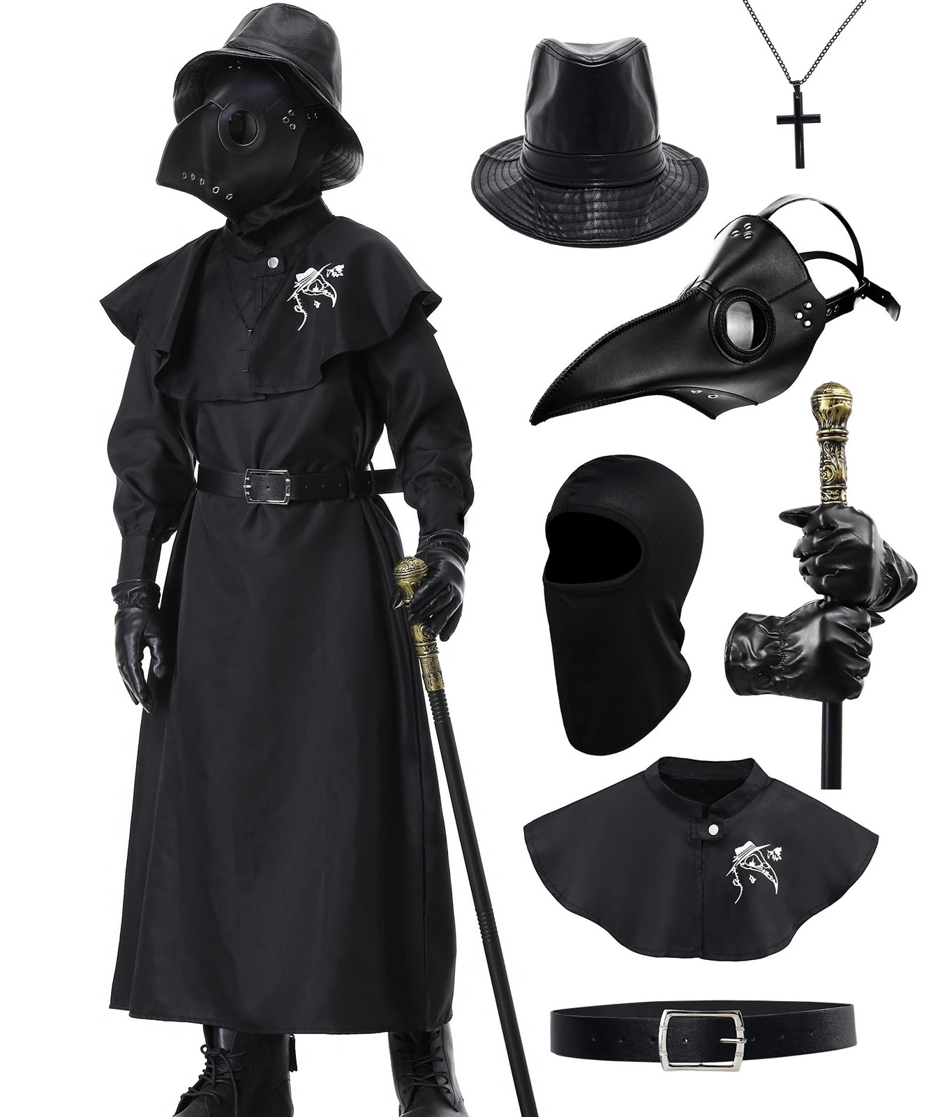 Coseaon Plague Doctor Costume Kids Halloween Cosplay Outfit Set with Mask Hat...