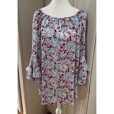 Chaps Floral Print Blouse Bell Sleeve Top XL Blue Red White Y2K Fairycore