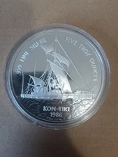 1986 Samoa  Kon Tiki 25 Tala  Silver Coin - Proof -  5 troy ounces (oz)