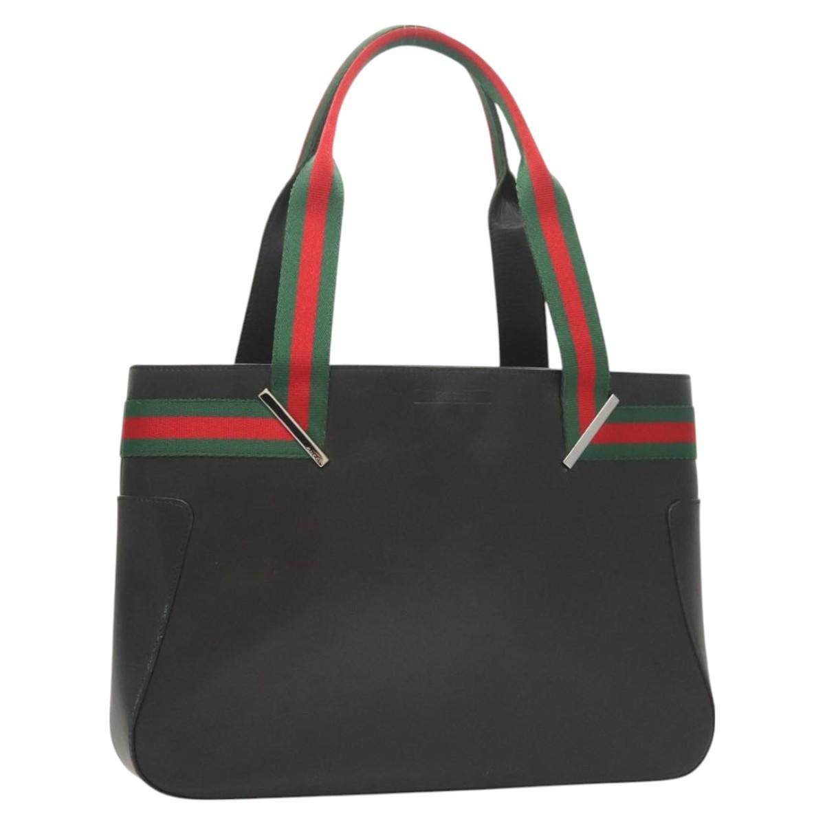 GUCCI Sherry Line Leather Tote Bag in Black Red Green Auth BA2706