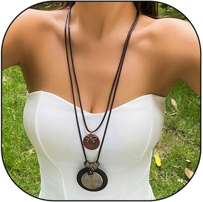 Long Boho Necklaces for Women Stacking Leather Cord Wooden Disc Pendant Necklace