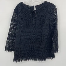 TALBOTS Crochet Blouse Womens Size M Black Lined Side Zip 3/4 Sleeve Shirt Goth