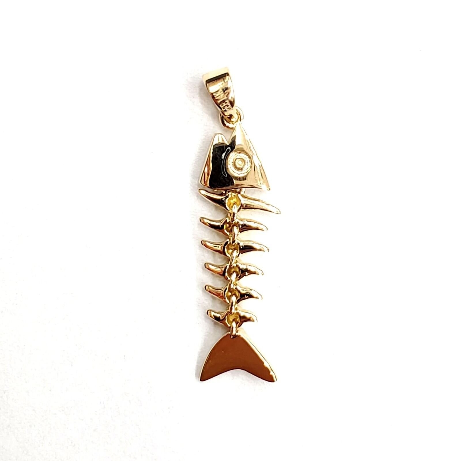 14k yellow gold fish Bone wiggly movable pendant charm fine jewelry 1.9g