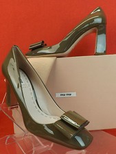 NIB MIU MIU PRADA PATENT CLAY GREEN LEATHER BOW SCULPTURED HEEL PUMPS 38.5