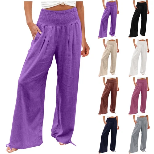 Women Cotton Linen Pants Solid Wide Leg Casual Loose Pants High Waist Trousers - Bild 2 von 36