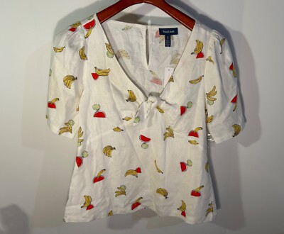 ModCloth Pack a Picnic Tie Front Puff Sleeves Fruit Print Linen Top Cream Size S