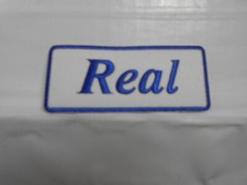 REAL NEW EMBROIDERED SEW / IRON ON NAME PATCH BLUE ON WHITE