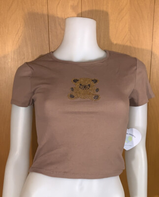 New Brown Rhinestone Teddy Bear T-shirt Tee Top Ladder Open Back Crop Medium Y2k