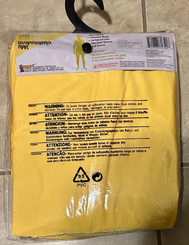 Disappearing Man Bodysuit w/ Mask Forum Costume NEW Yellow Adult 1 size up to 42 - Image 2 of 2