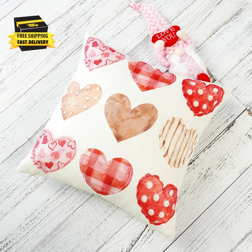 Valentine'S Day Pillow Cover 18X18 Red Pink Brown Heart Watercolor Decoration Pl - Picture 4 of 6