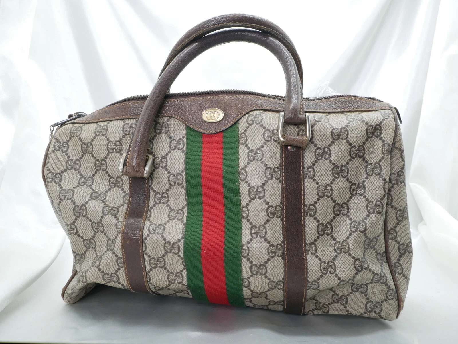 Authentique sac GUCCI sherry line GG Supreme Boston sac à main toile cuir marron #6164P