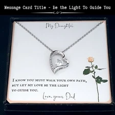 From Dad To Daughter - 14k White Gold Finish Heart Necklace - Message Card