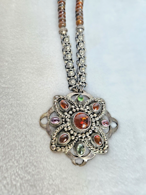 Vintage 925 Solid Sterling Silver Multicolor Amber Peridot Pendant