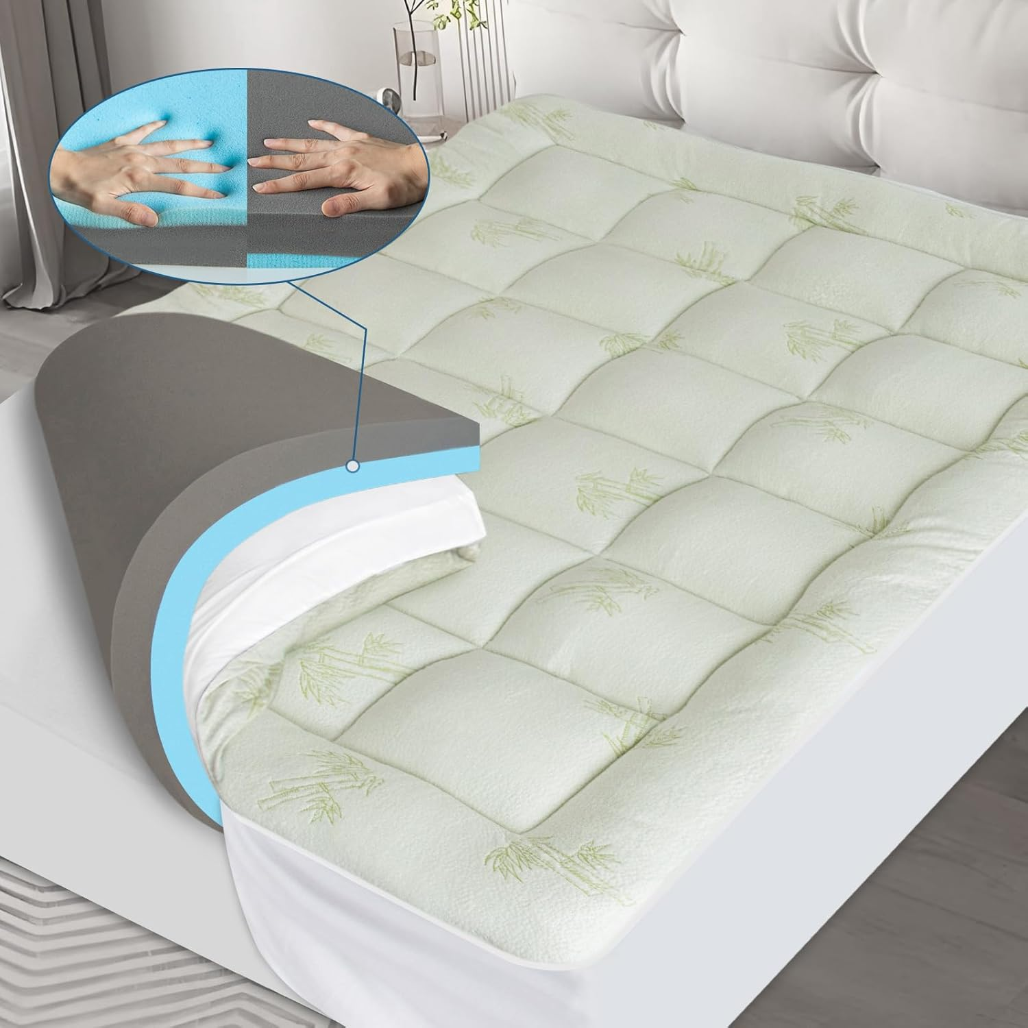 Cooling Bamboo Pillow Top Mattress Topper for Twin Size with Gel Memory Foam