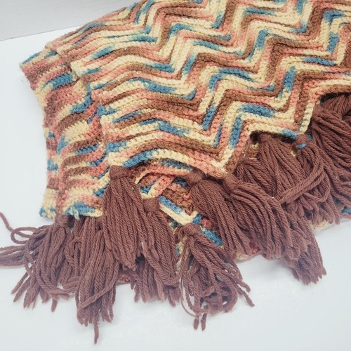 Vintage Handmade MCM Chevron Crochet Tassel Lap Throw Blanket 48"x33" Grannycore