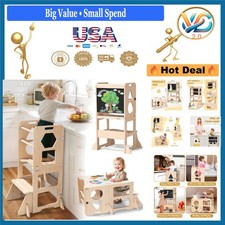 4-in-1 Toddler Kitchen Step Stool Foldable Learning Tower with Blackboard